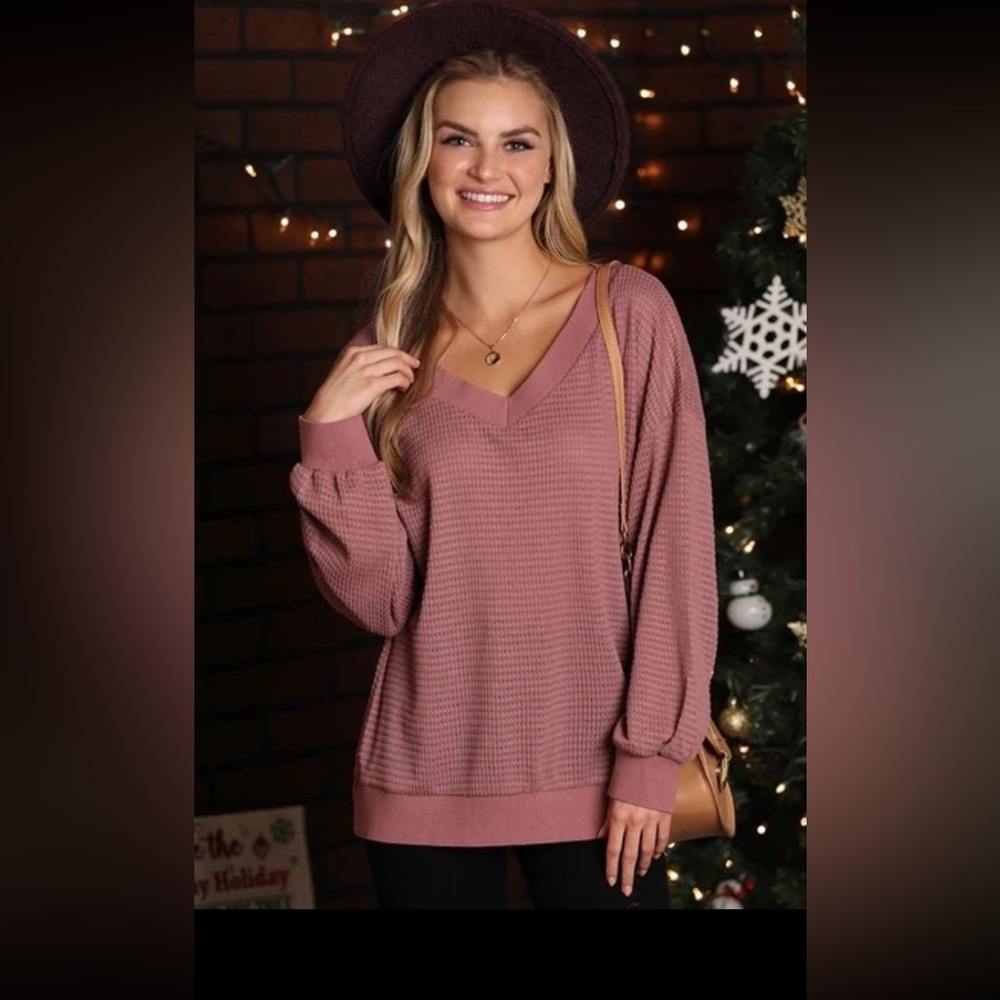 V Neck Waffle Long Sleeve Knit Top